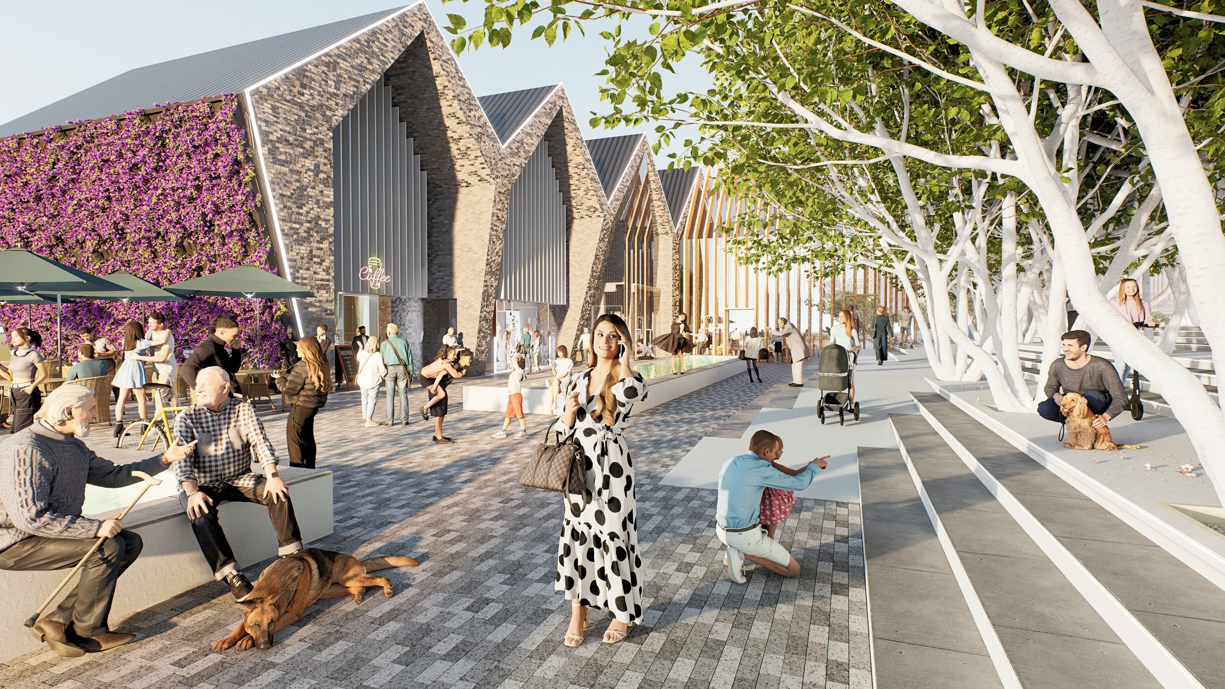 Public realm design with pitched brick pavilions, a flowering living wall and a landscaped promenade