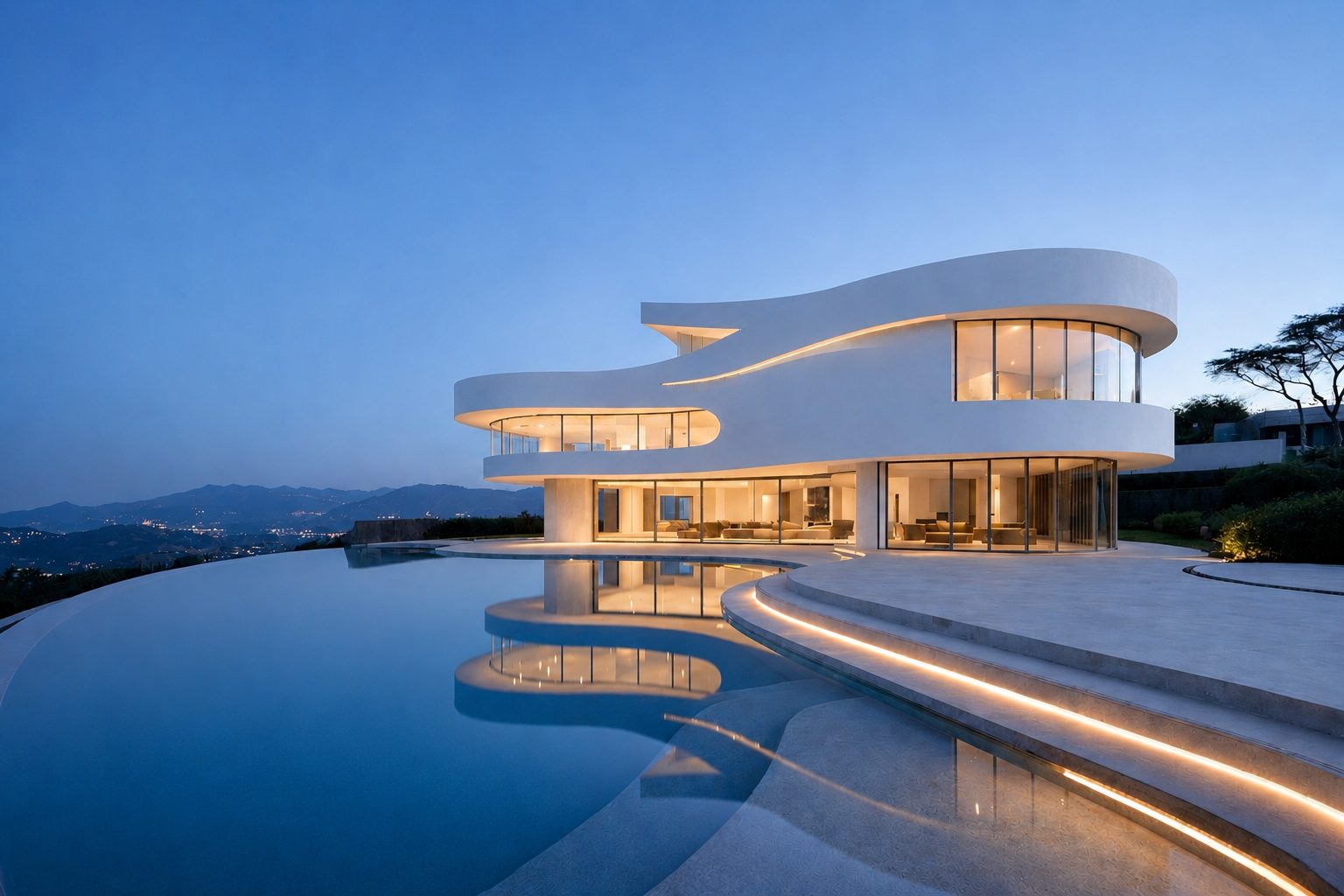 Sculptural contemporary villa with curved white forms and an infinity pool at dusk