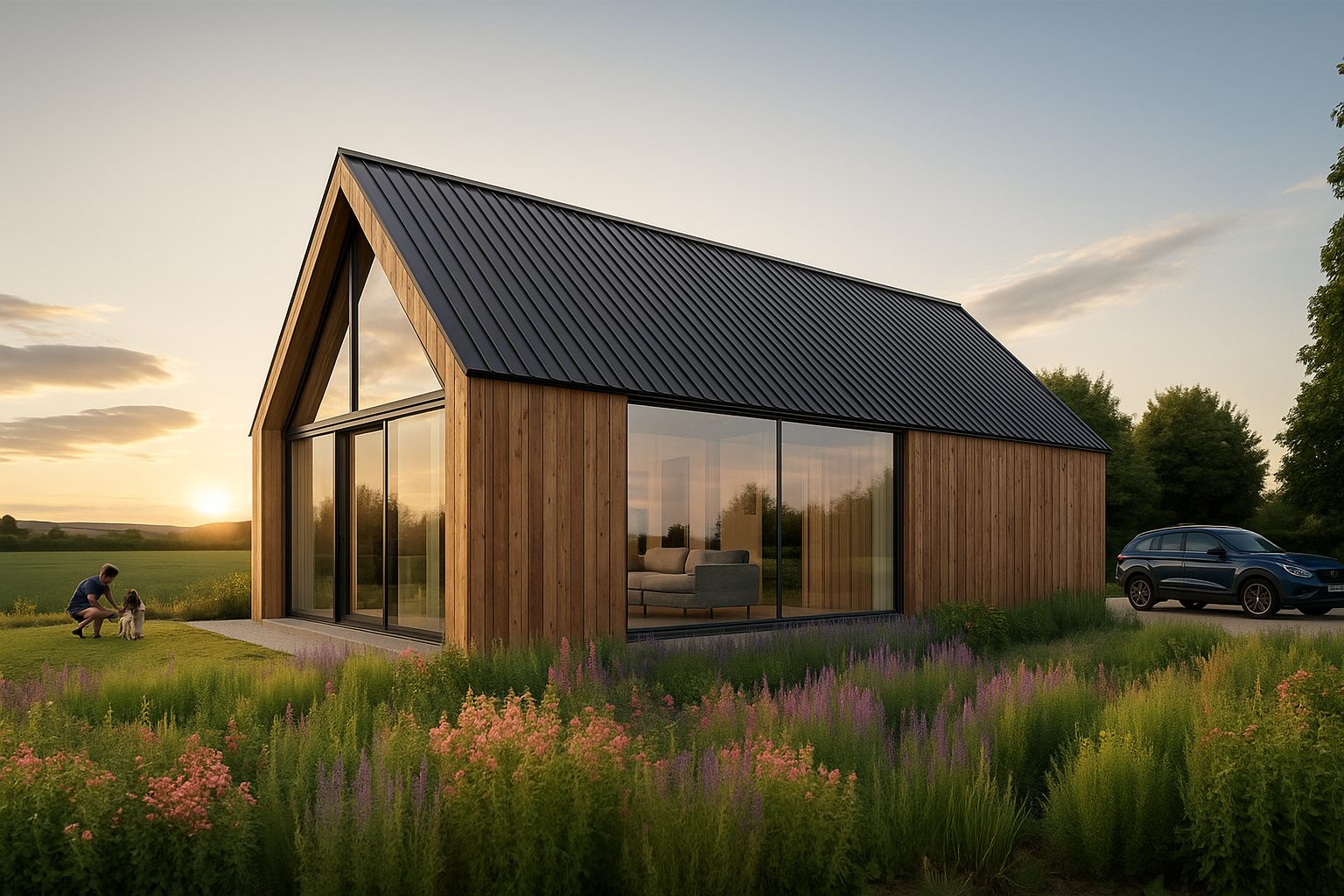 Minimalist timber-clad cabin with a pitched black roof in a wildflower meadow at sunset