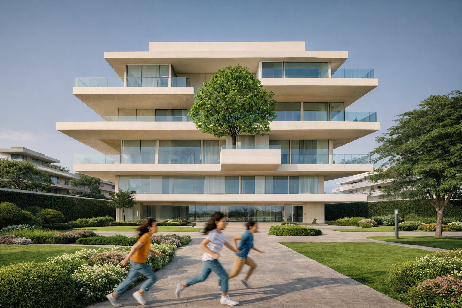 Cantilevered multi-storey residential building with a tree growing through an open terrace