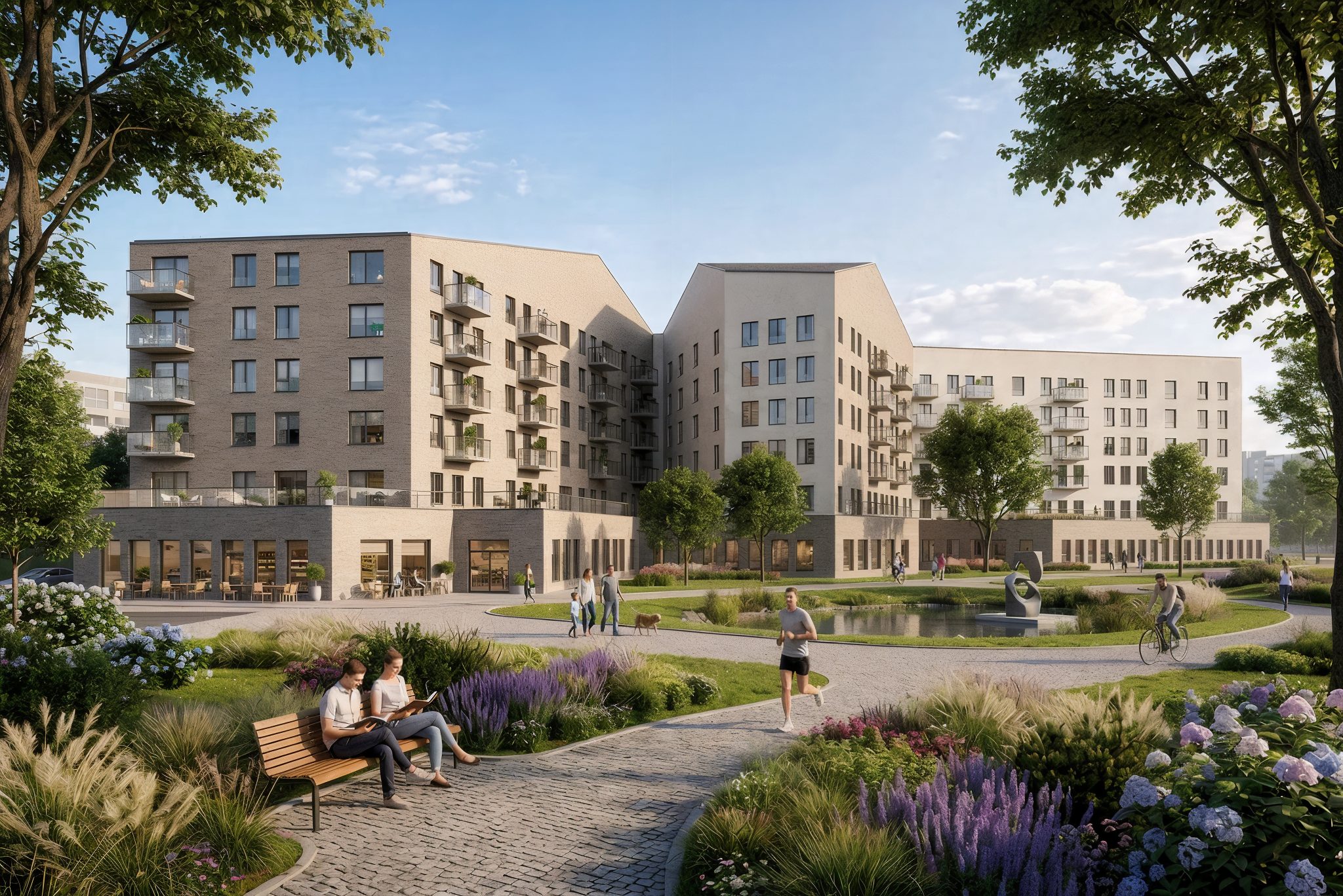 Multi-residential development with a landscaped courtyard, garden and pond