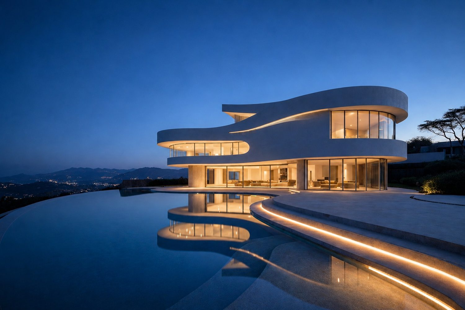 Sculptural contemporary villa with curved white forms beside an infinity pool at blue hour