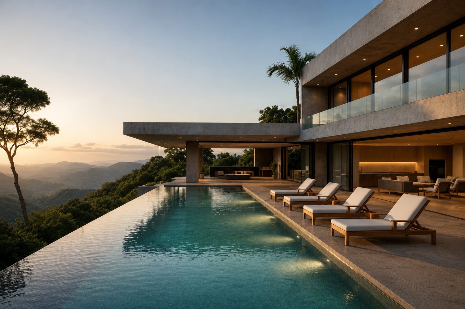 Contemporary villa with an infinity pool overlooking hills at dusk