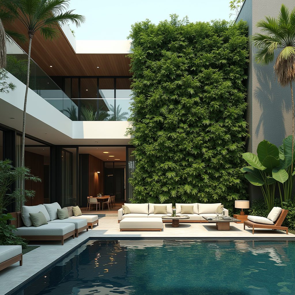 Villa pool courtyard framed by a green living wall