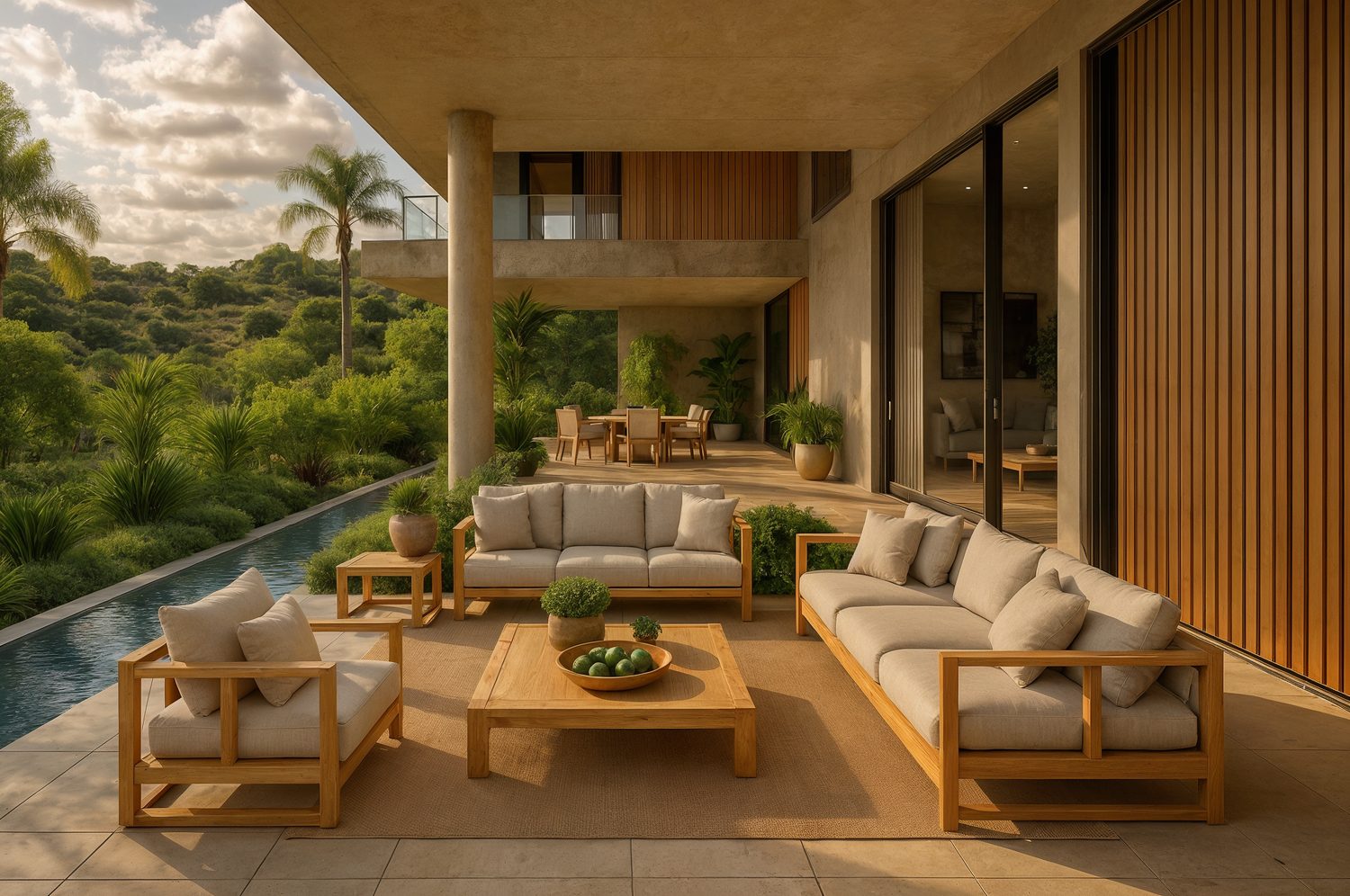 Covered outdoor lounge with teak furniture beside a landscaped pool