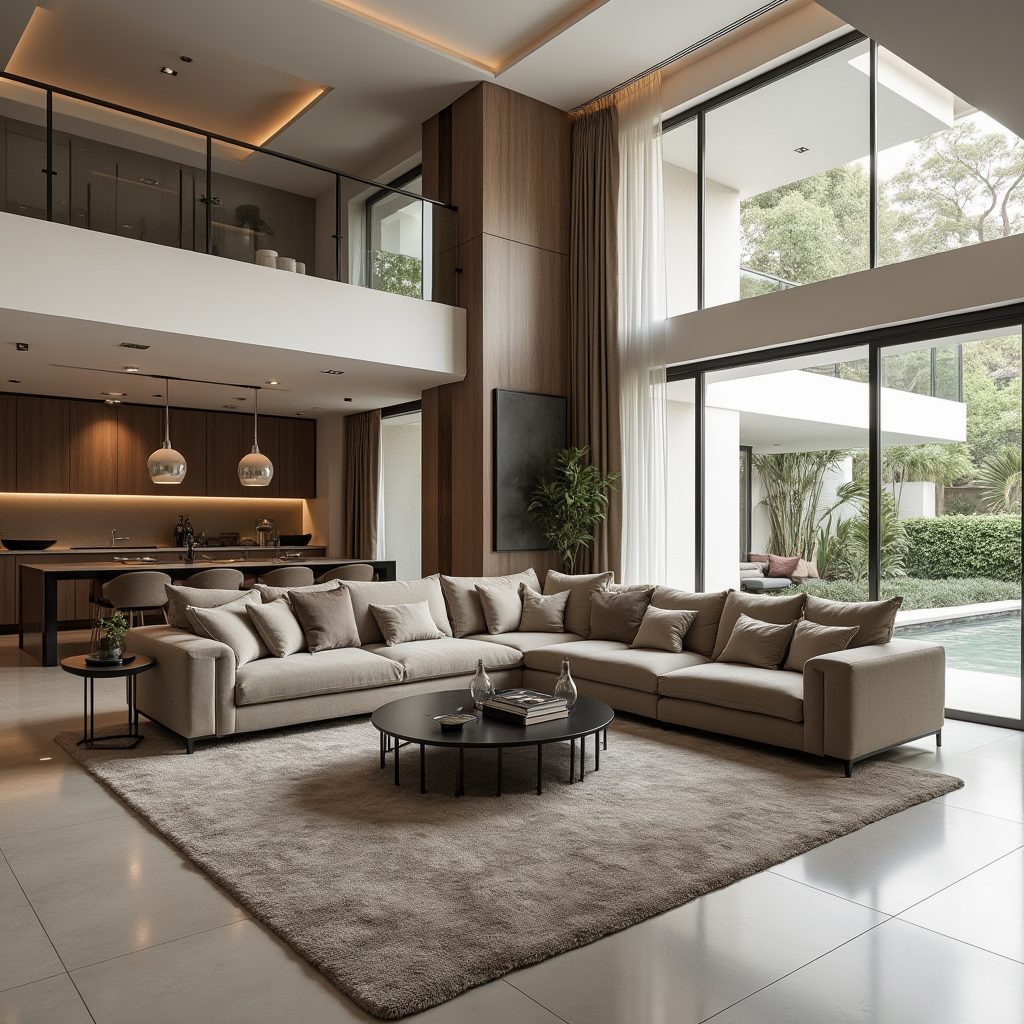 Open-plan living room with double-height glazing onto a garden and pool