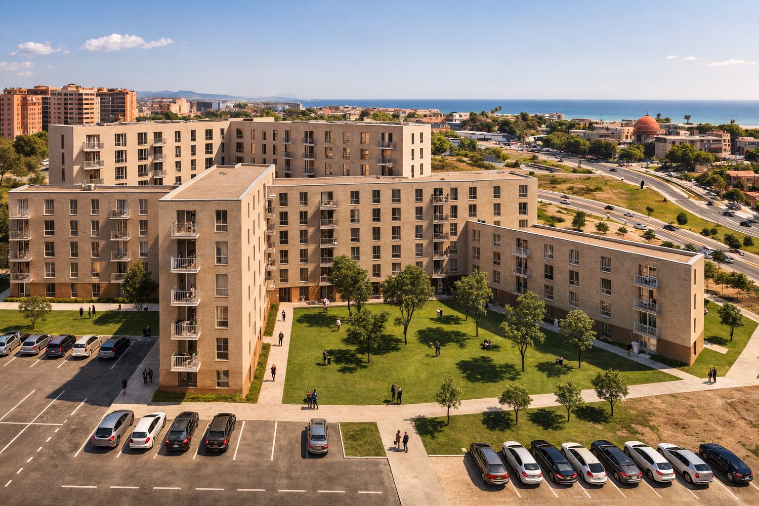 Multi-residential building with a landscaped courtyard by the coast