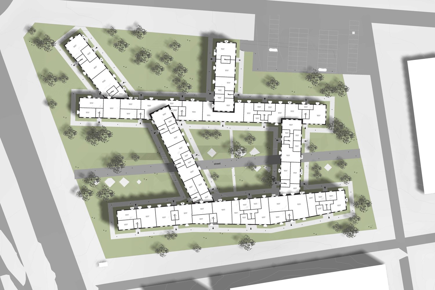 Aerial site plan of a multi-residential development with courtyards
