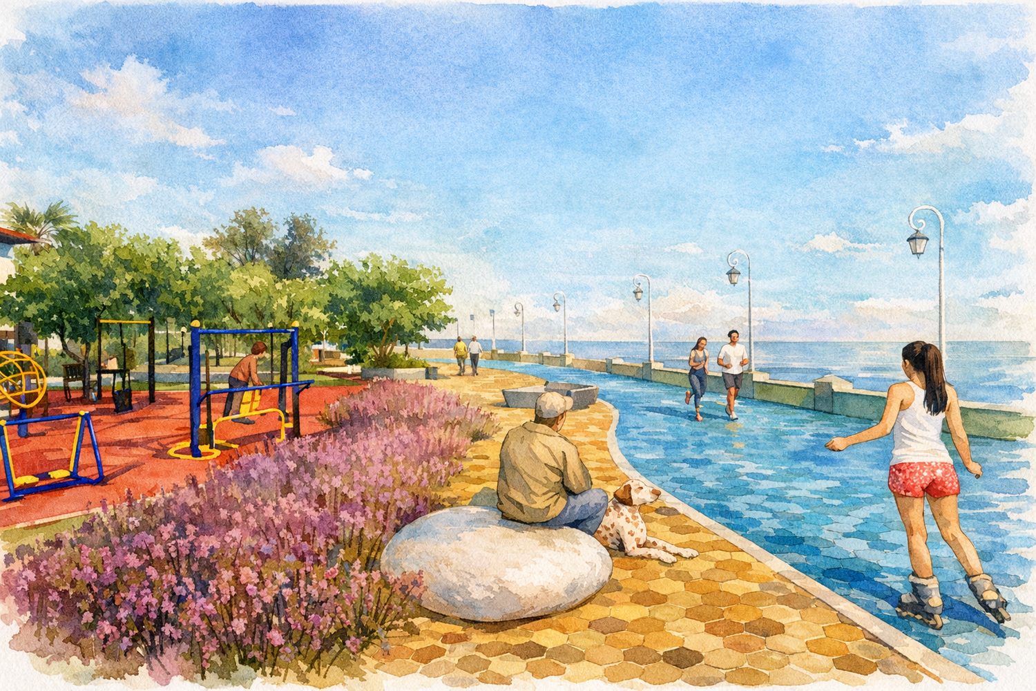 Watercolour illustration of a landscaped seafront promenade