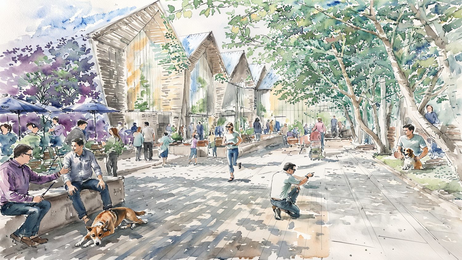 Watercolour illustration of a shaded public plaza between pitched pavilions
