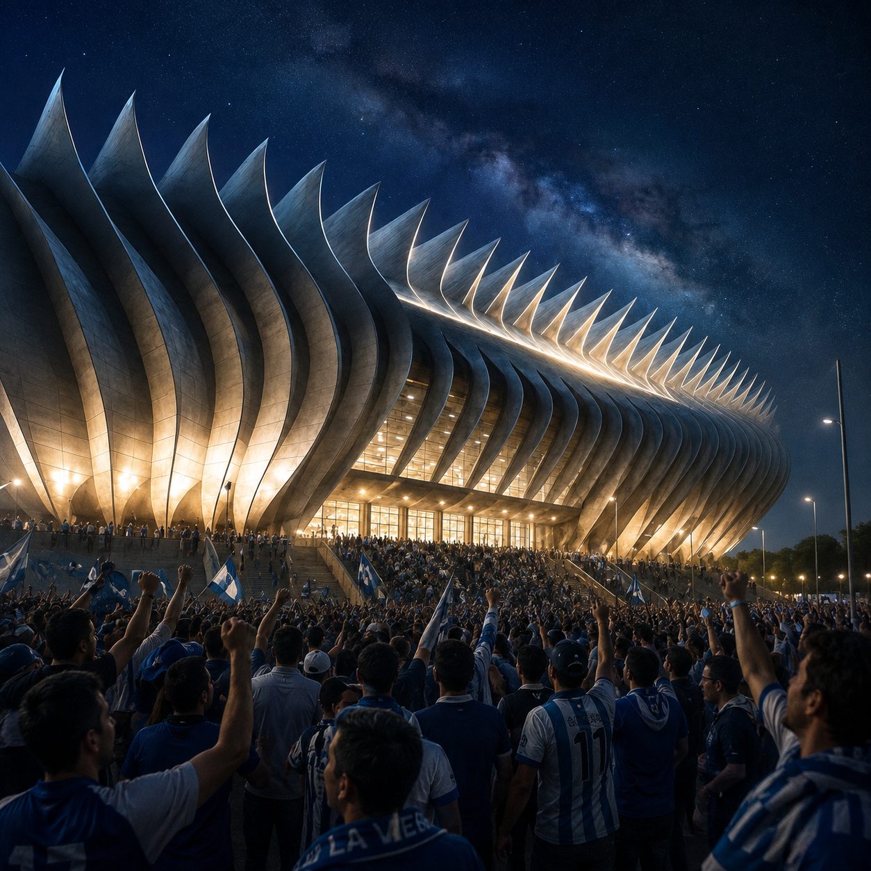 Illustrated aerial view of a sculptural stadium within the city skyline