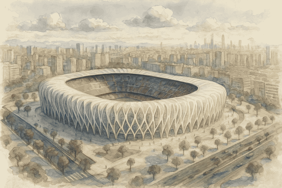 Animated study of a stadium design evolving from sketch to rendered night view