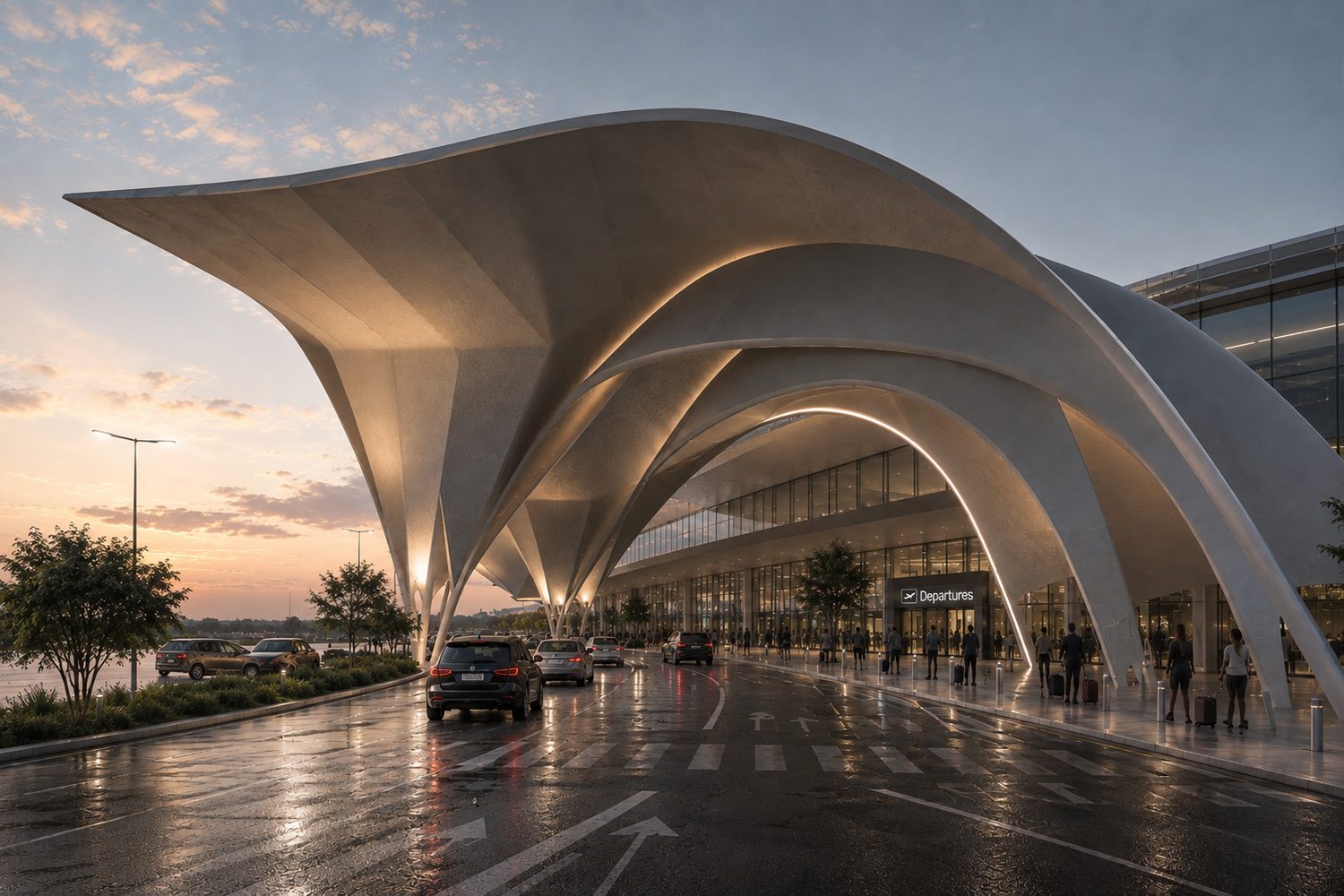 Sweeping concrete canopy over an airport departures drop-off at dusk
