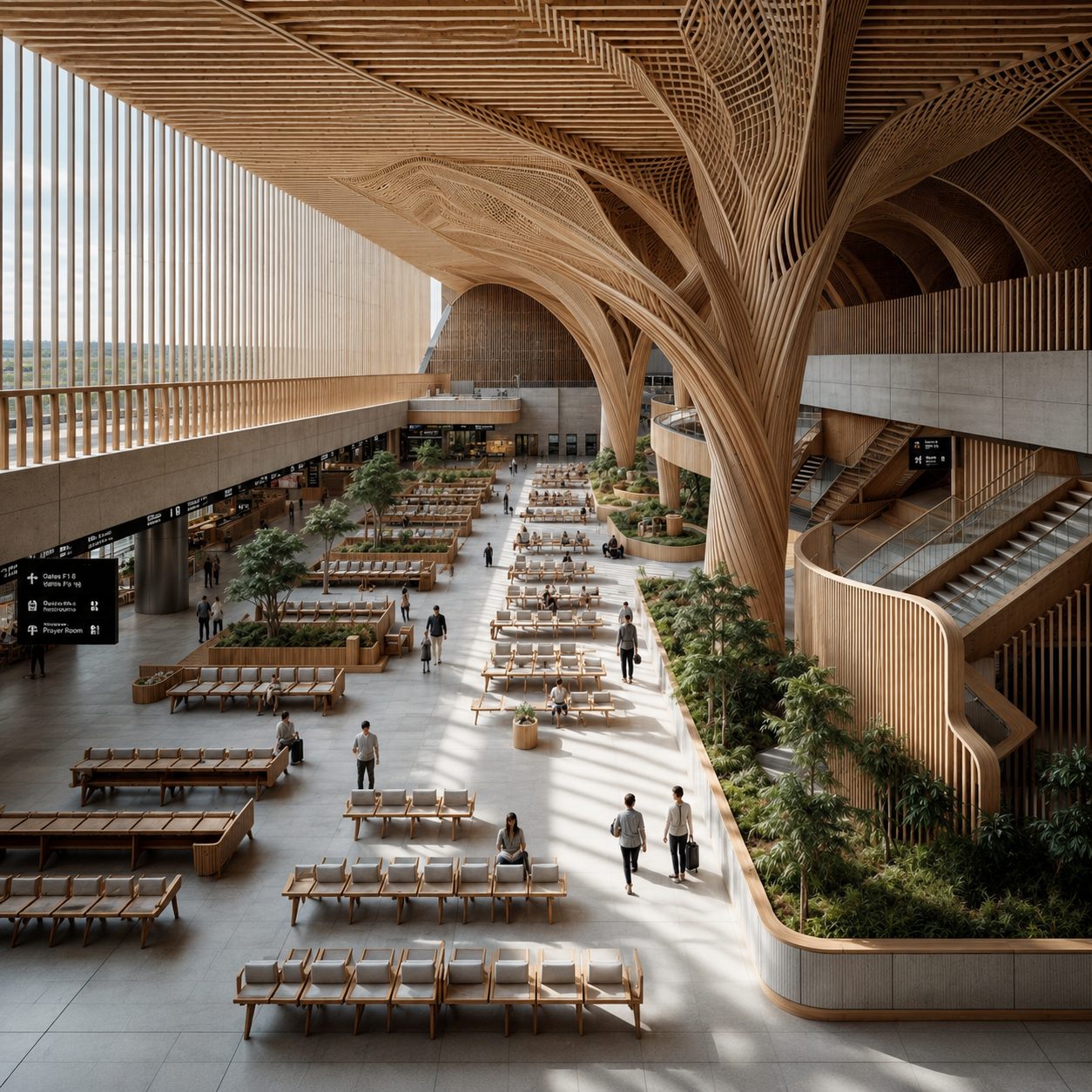 Airport terminal interior with a sculptural timber roof structure